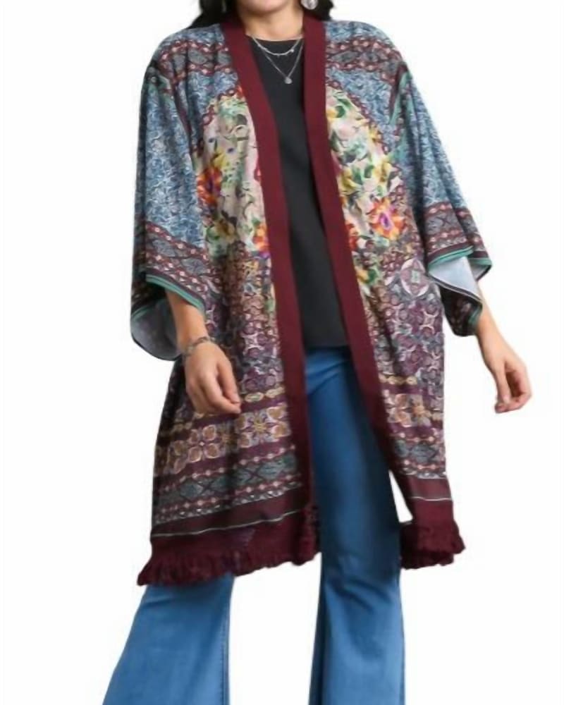Front of a model wearing a size 1X/2X Open Front Print Kimono in Maroon Mix Plus in Maroon Mix Plus by Umgee. | dia_product_style_image_id:364505